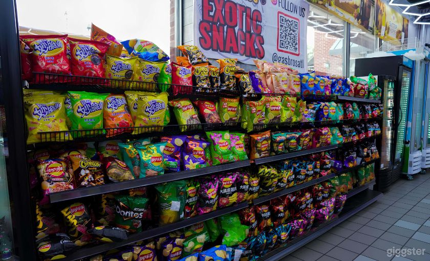 The exotic snacks wall stacked with imported chips