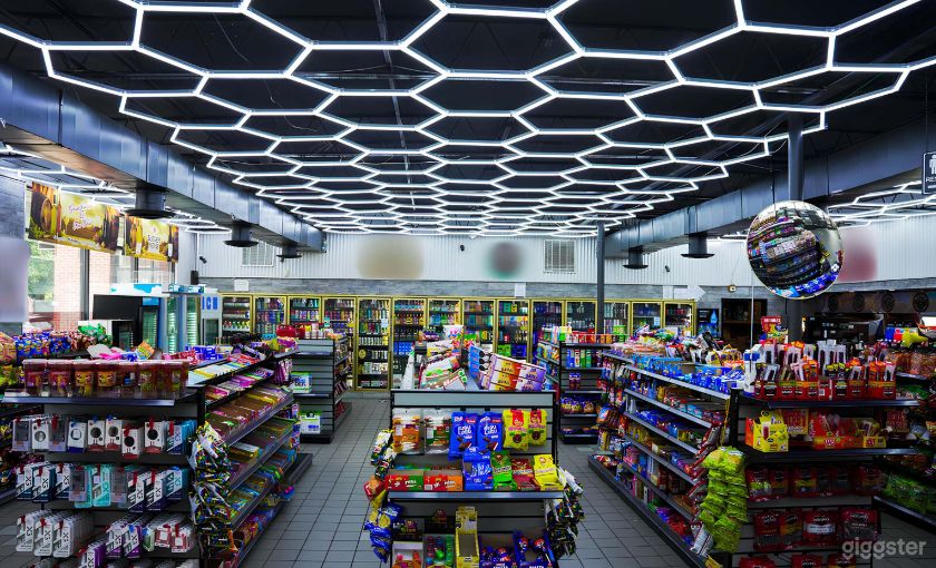 The store floor under the signature hexagon LED ceiling