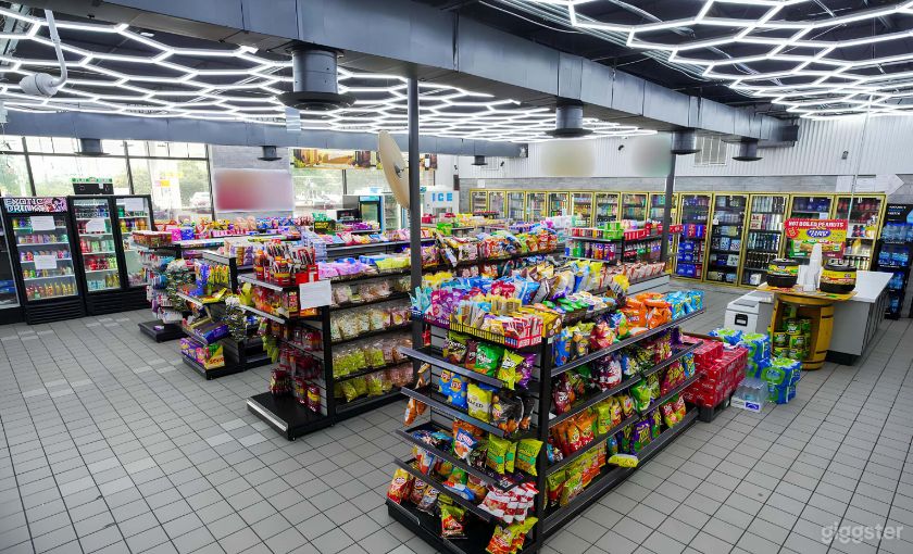 Snack aisle with exotic drink coolers along the wall